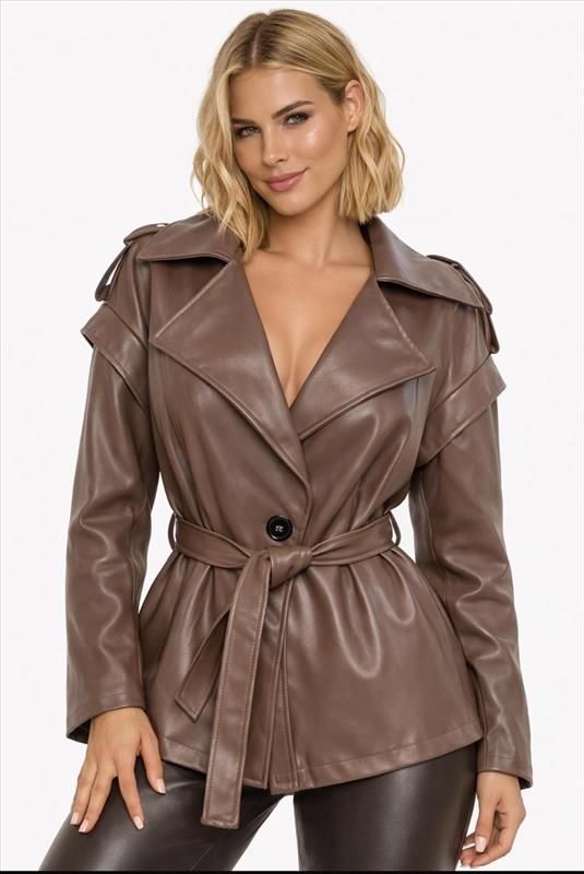 Eleganter Oversized Kunstleder Jacke mit Gürtel
