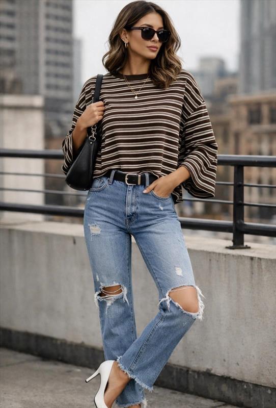 Oversize Damen-Longsleeve mit Streifen